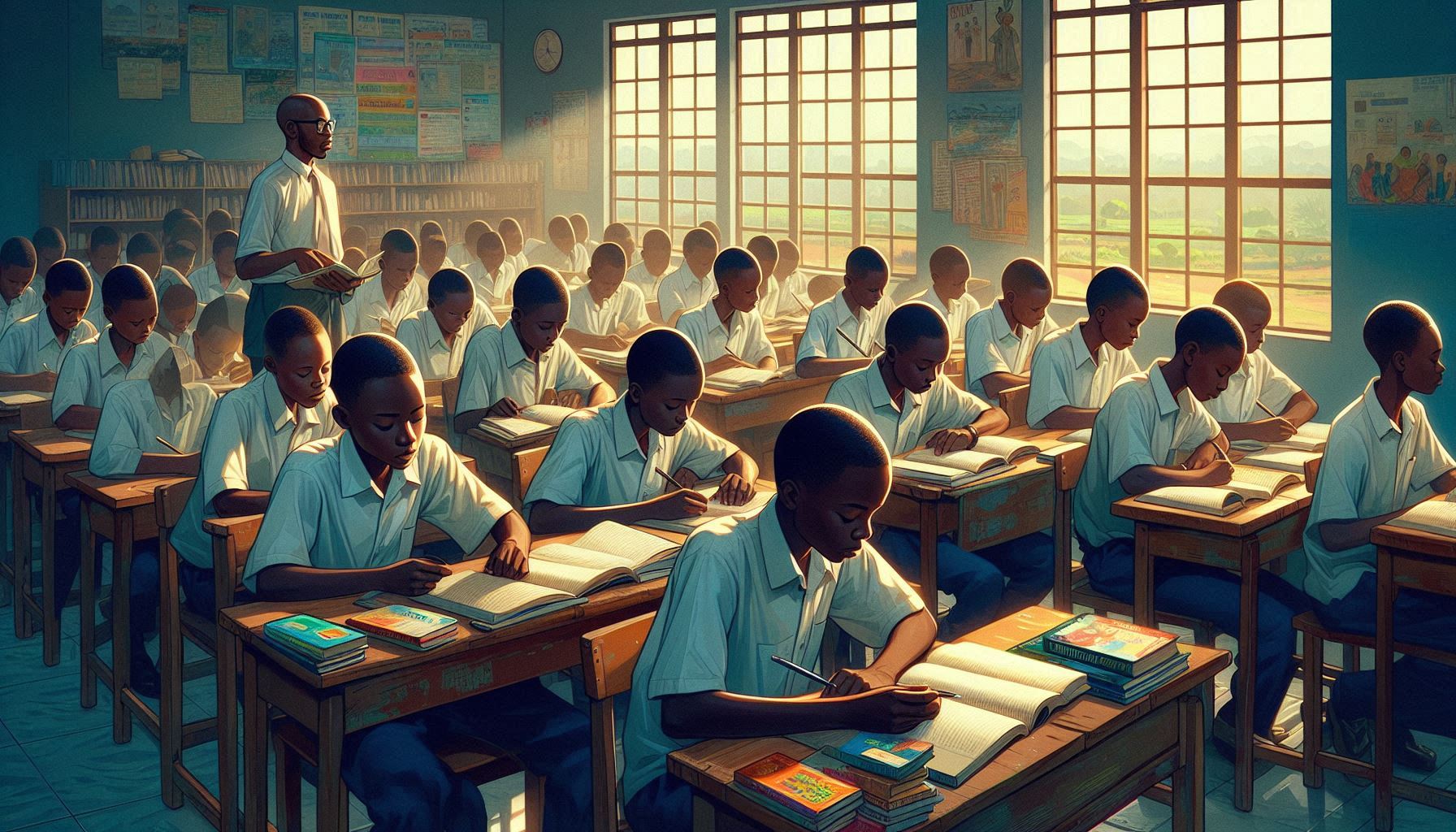 Give me a beautiful picture of Nigerian realistic secondary school students reading inside classroom